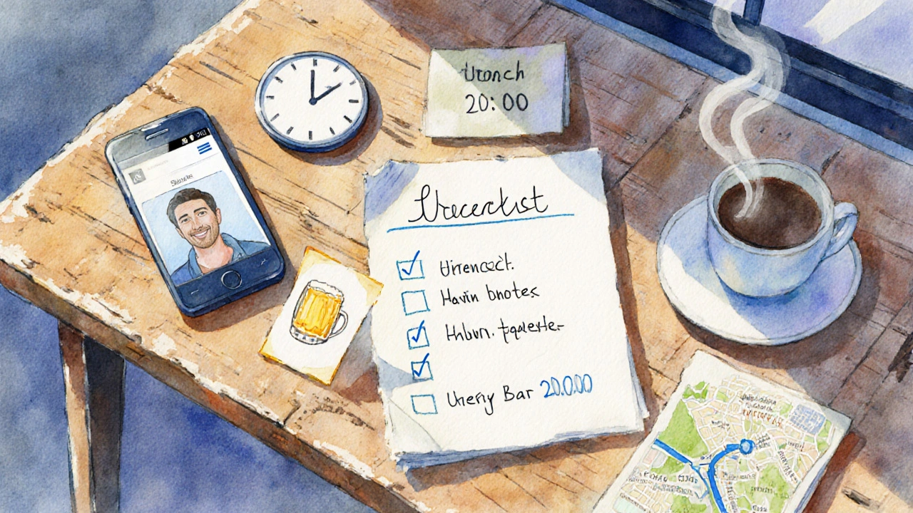 Checklist voor een casual date op een houten tafel in een Utrechtse koffiebar, met telefoon en notitie.