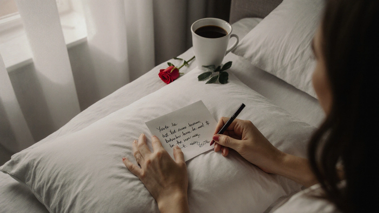 Een hand legt een brief op een kussen met een kop koffie en een roos erbij.