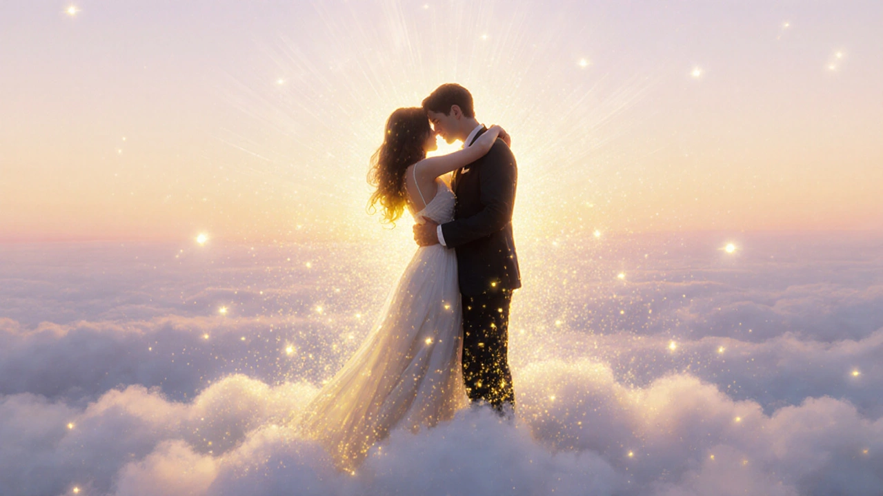 Een omhelzing in gouden licht, zwevend op wolken, symboliseert emotionele intimiteit.