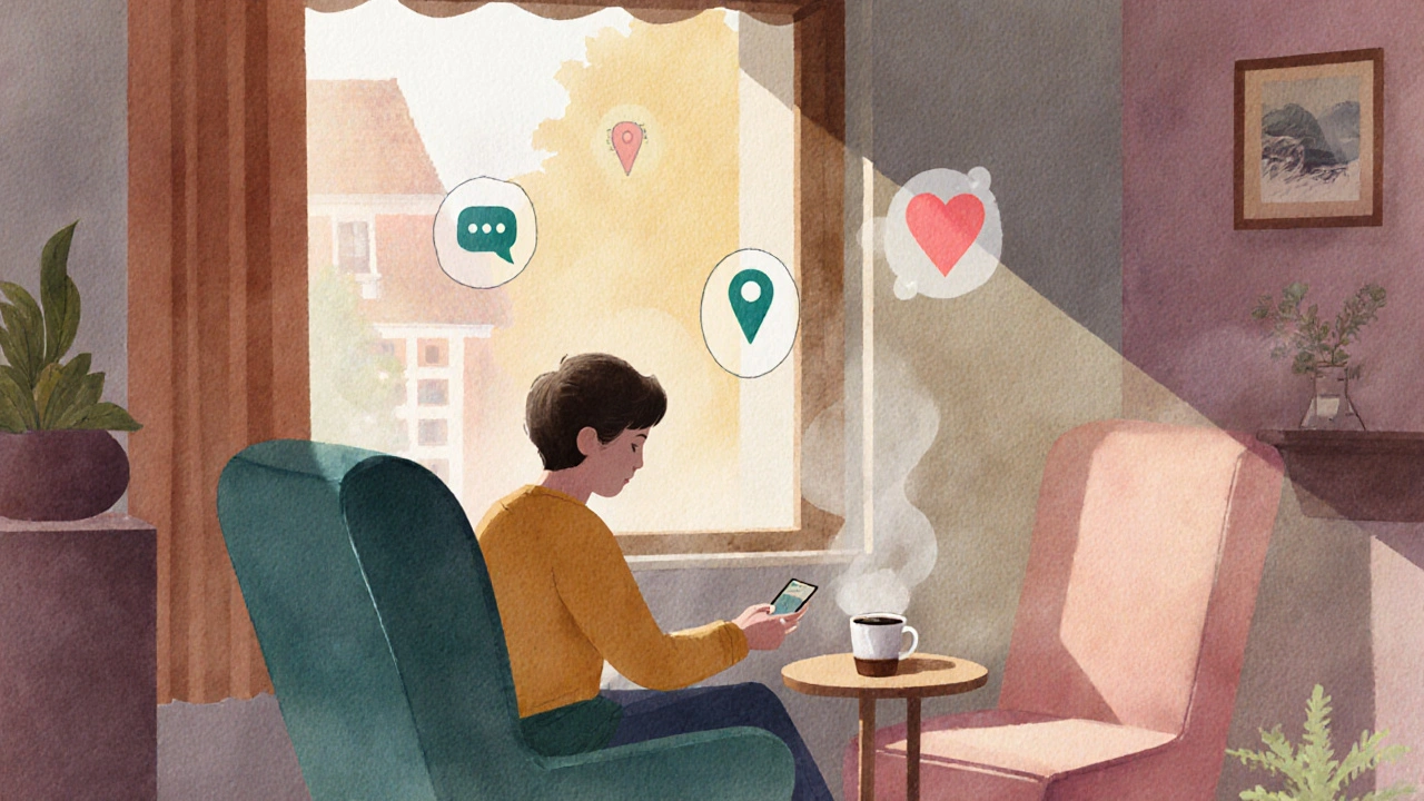 Gezellige koffietafel met introverte, koffie en zwevende hart‑ en chat‑iconen in waterverf.