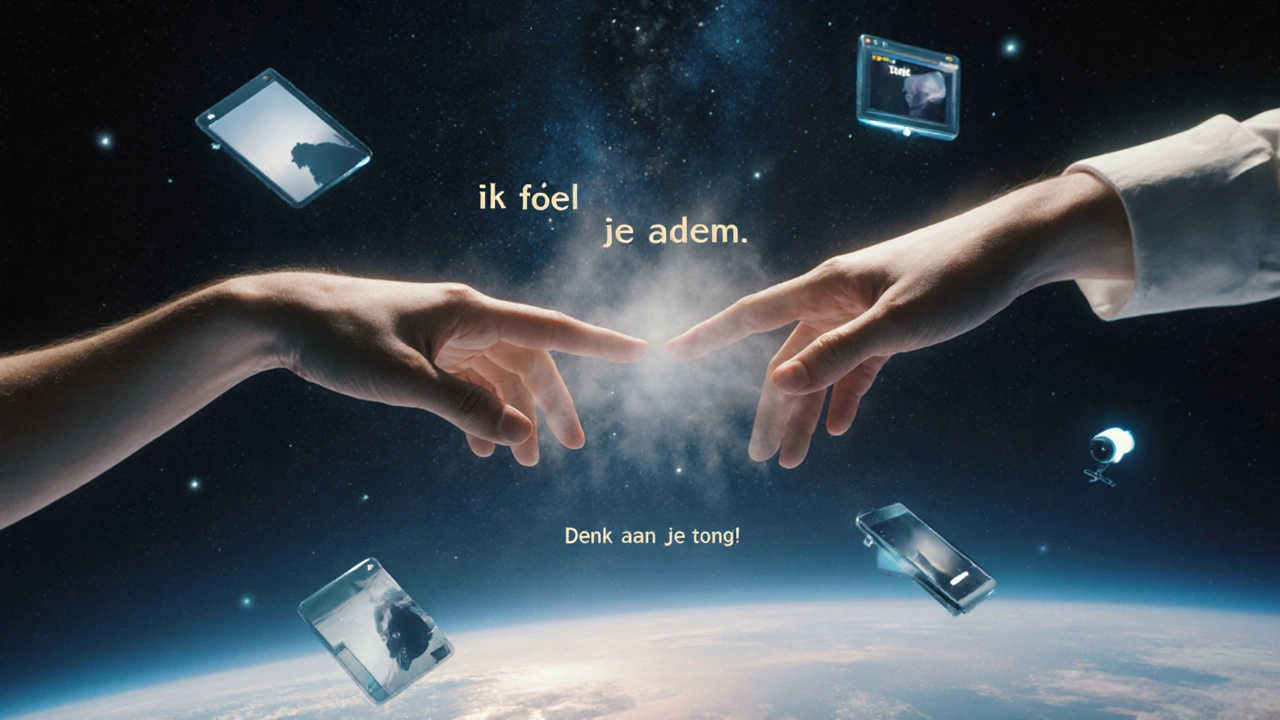 Handen die elkaar bijna raken over een oneindige ruimte, omringd door zwevende woorden en apparaten.