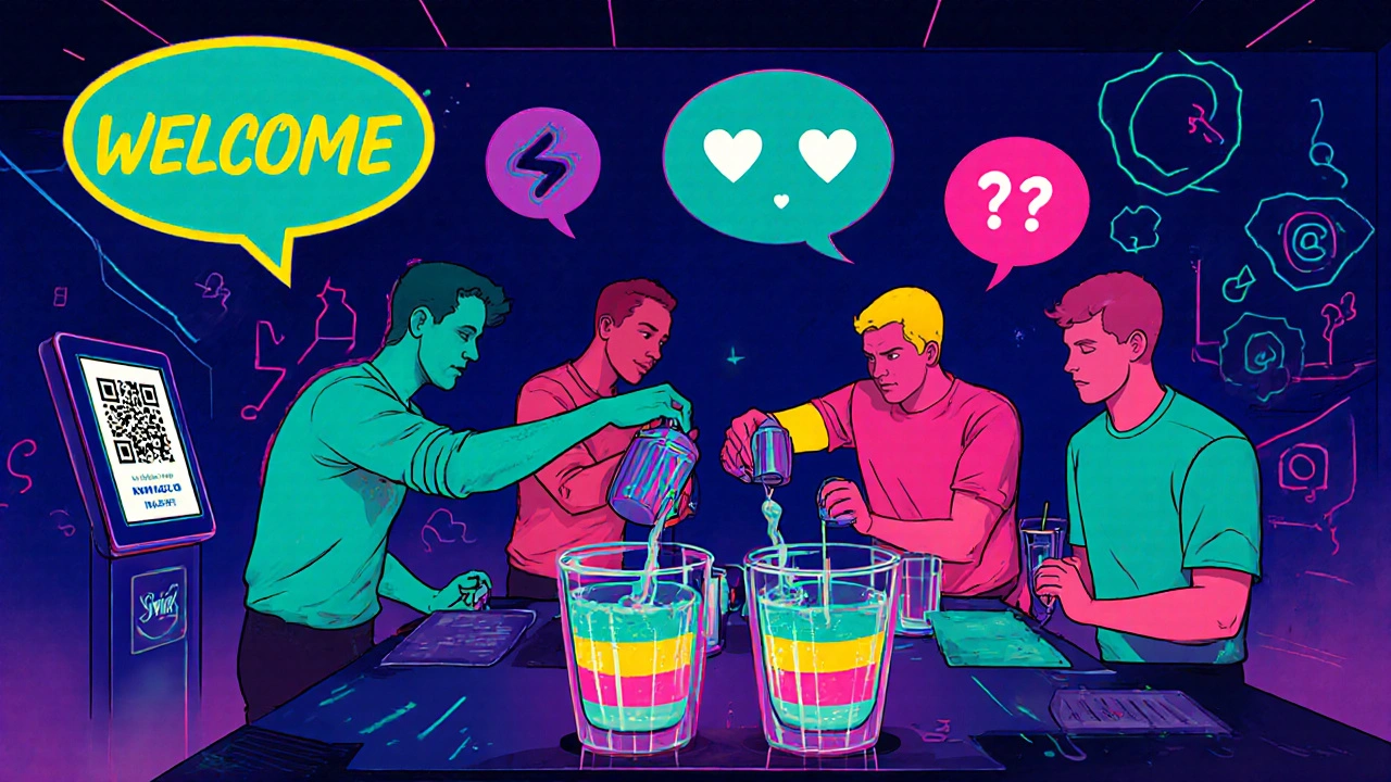 Illustratie van een cocktail‑wedstrijd bij een singles‑event met neonkleuren.