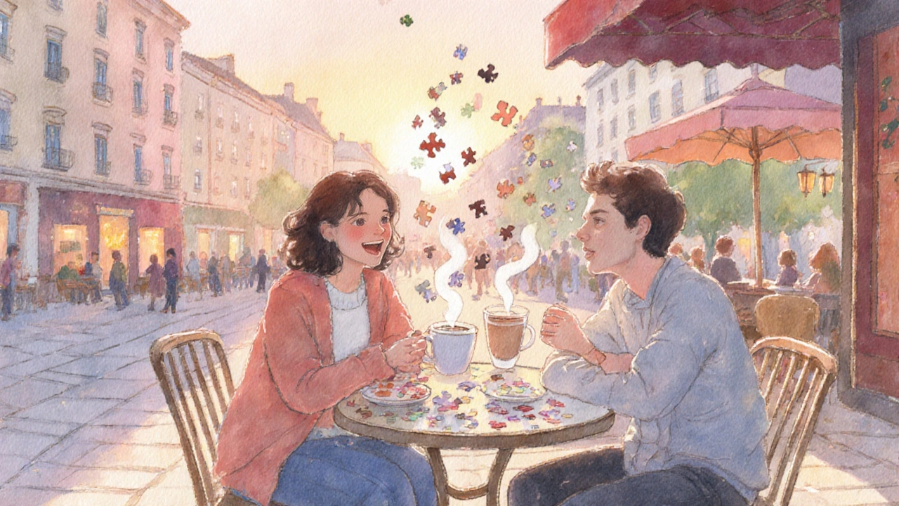 Koppel lacht bij een cafétafel na een mysterie‑date, met warme soepjes en zwevende puzzelstukjes.