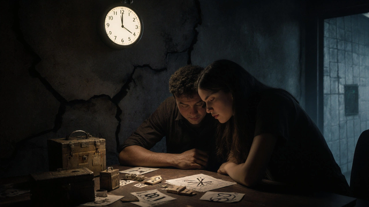 Koppel lost puzzels op in een escape‑room met een aftellende timer en verborgen doorgang.
