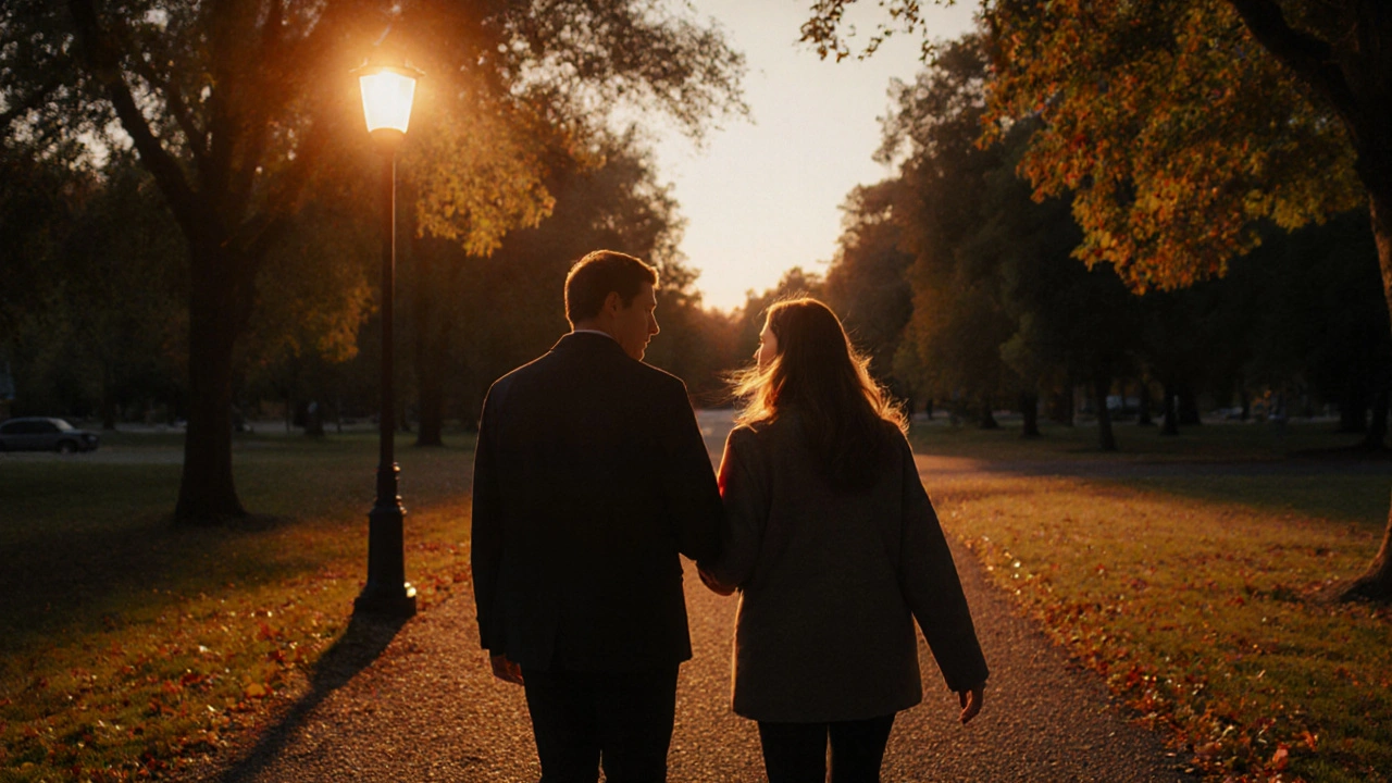 Man en vrouw wandelen &#039;s avonds door een park, open en intiem gesprek.
