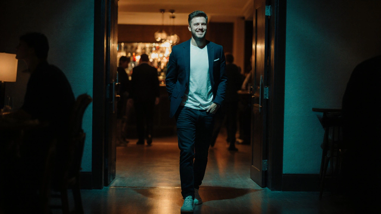 Man met blazer en witte sneakers loopt zelfverzekerd een chique lounge binnen voor een speeddate.