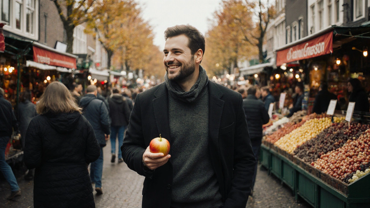 Man walking through a market holding an apple, making eye contact with a smiling barista.