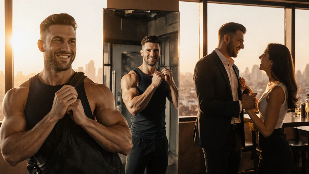 Man werkt in de sportschool, verzorgt zich, later flirtert hij subtiel op een dakterras.