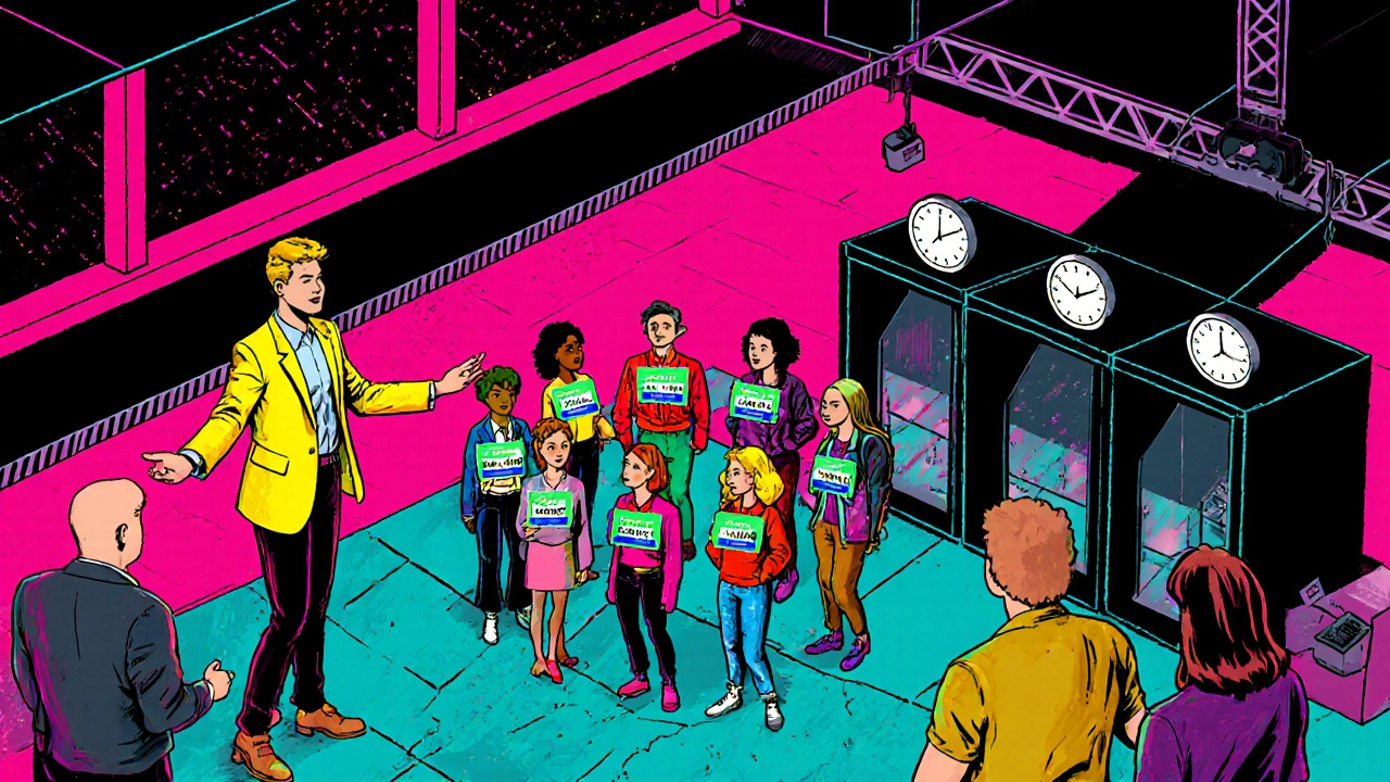 Retro‑80&#039;s singlesavond met host, ijsbrekers en speed‑dating stations in kleurrijke illustratie.