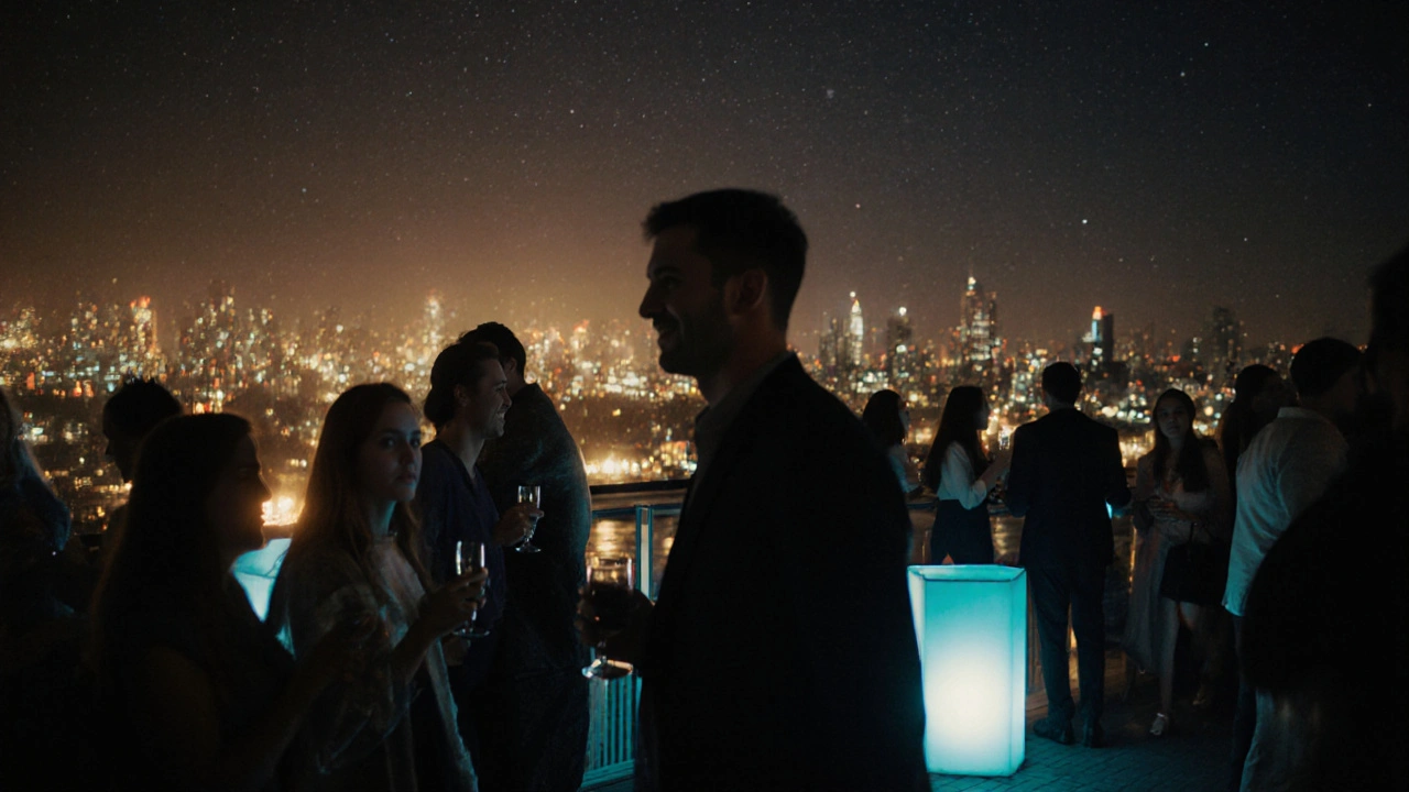 Rooftop‑bar ’s avonds, deelnemers lachen en genieten na het evenement.