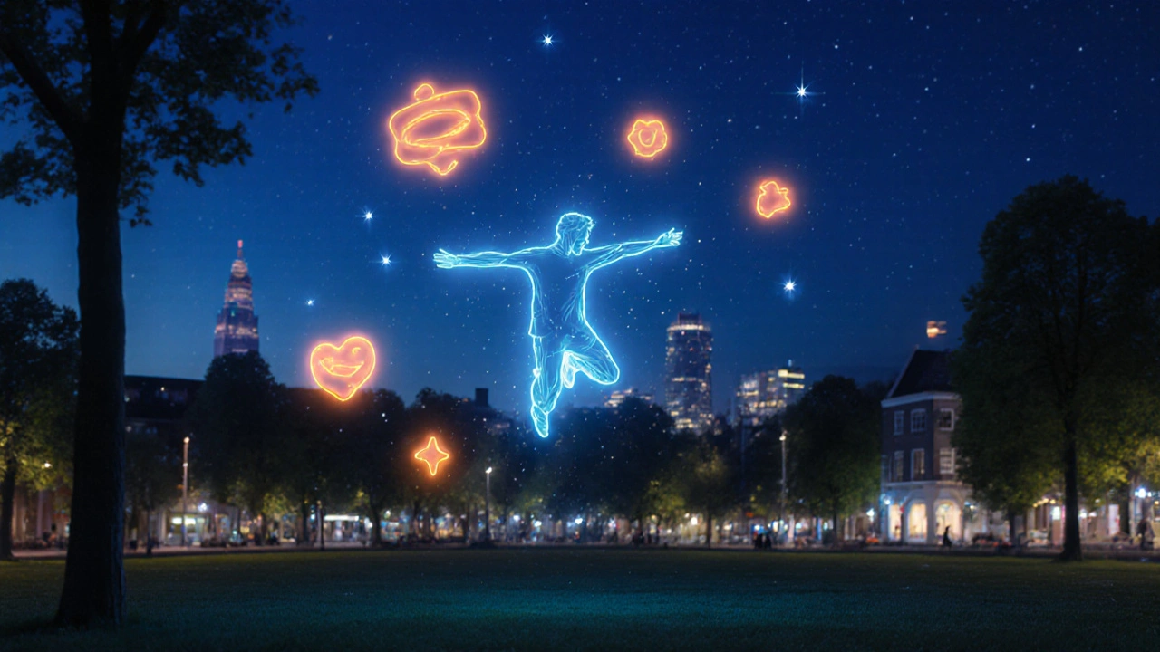 Silhouet van een man zweeft boven een stadspark, omgeven door abstracte vormen die vrijheid en plezier uitdrukken.