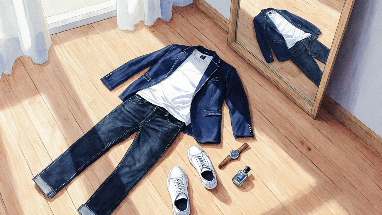Smart‑casual outfit op houten vloer: jeans, wit T‑shirt, navy blazer, witte sneakers en aftershave.