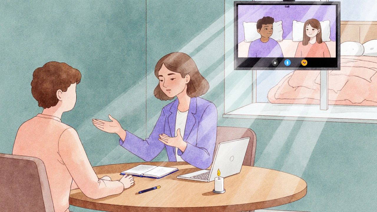 Therapiesessie tussen koppel en therapeut, zowel fysiek als online, in warme, vertrouwelijke setting.