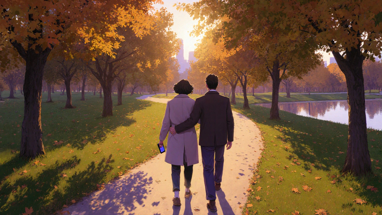 Twee mensen lopen in een herfstachtig park, hand in hand, zachte gouden verlichting.