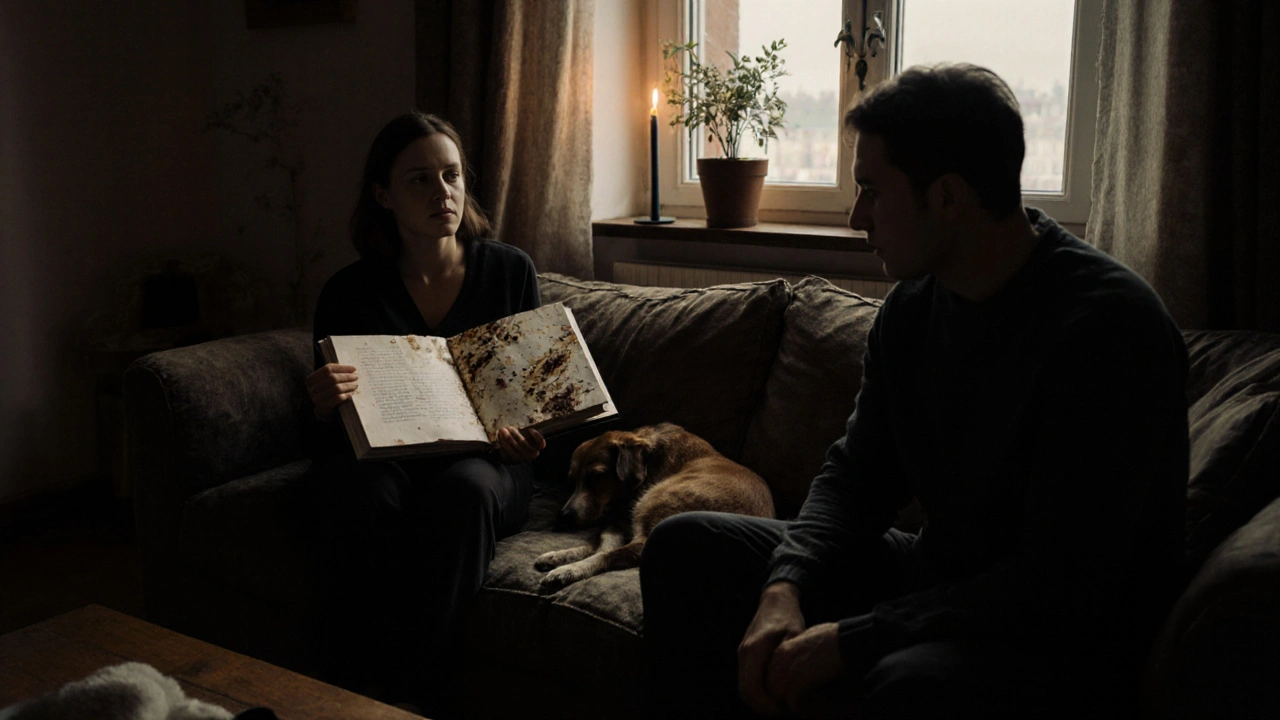 Twee mensen zitten samen op een bank, een kookboek en een hond tussen hen, kaarslicht schijnt.