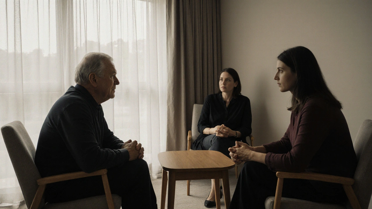 Couple in coaching session, facing each other with vulnerability, neutral room, quiet intensity.