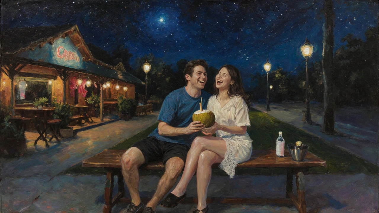 Couple laughing in Bangkok, sharing non-alcoholic drinks under soft night lights.