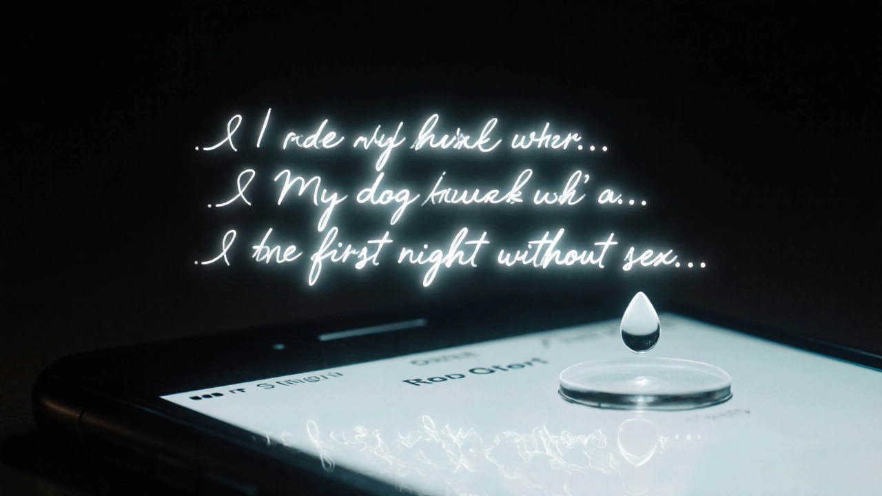 Drie handwritten regels zweven boven een donkere dating-app, verlicht door zacht licht.