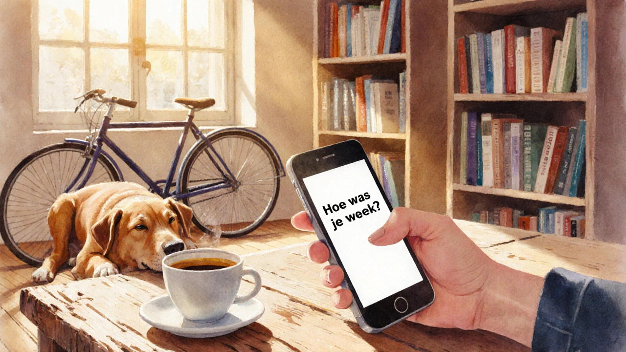 Een hand met een telefoon die een bericht toont, naast koffie, een hond en boekenplanken, in zacht zonlicht.