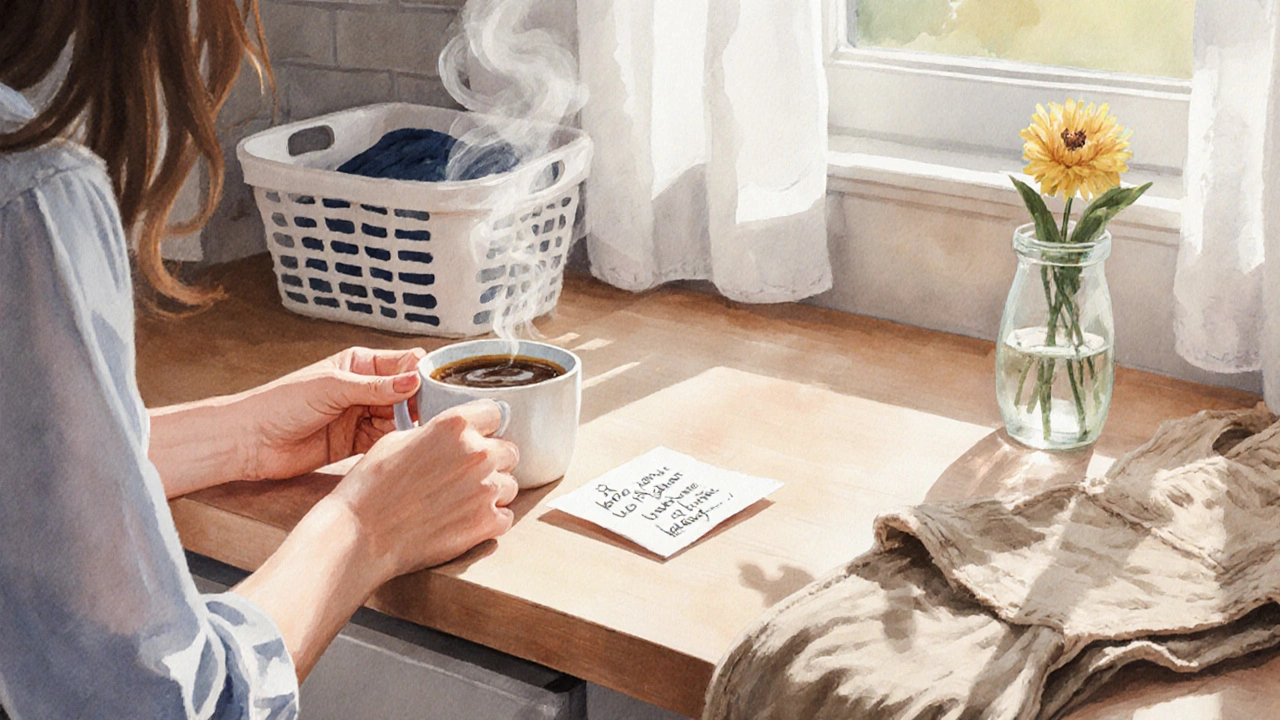 Een handgeschreven brief ligt naast een kopje koffie op de keukenbank, zonlicht valt erop.