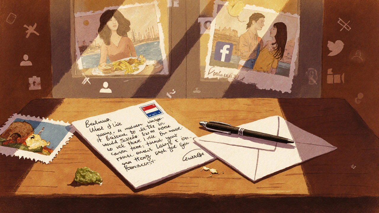 Een handgeschreven brief ligt op een tafel met een postzegel, zonlicht valt op oude foto&#039;s en een pen.