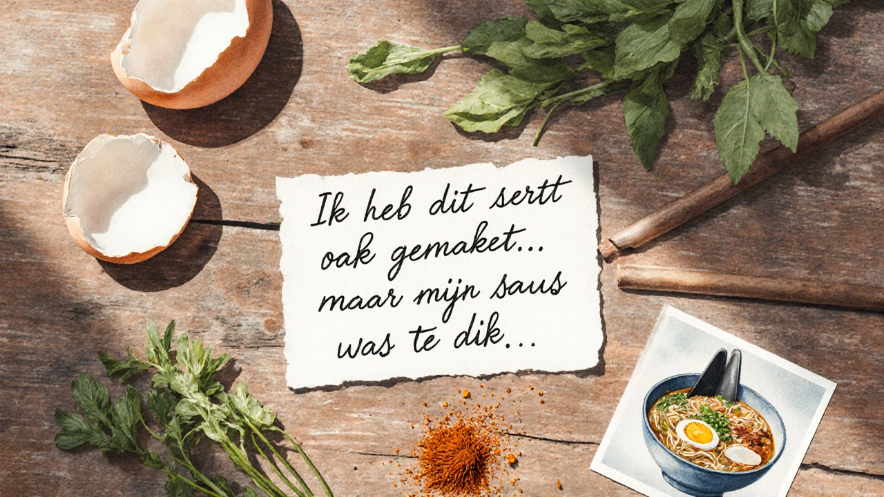 Een handgeschreven brief met kookingredienten en een foto van ramen, in zacht licht op een houten blad.