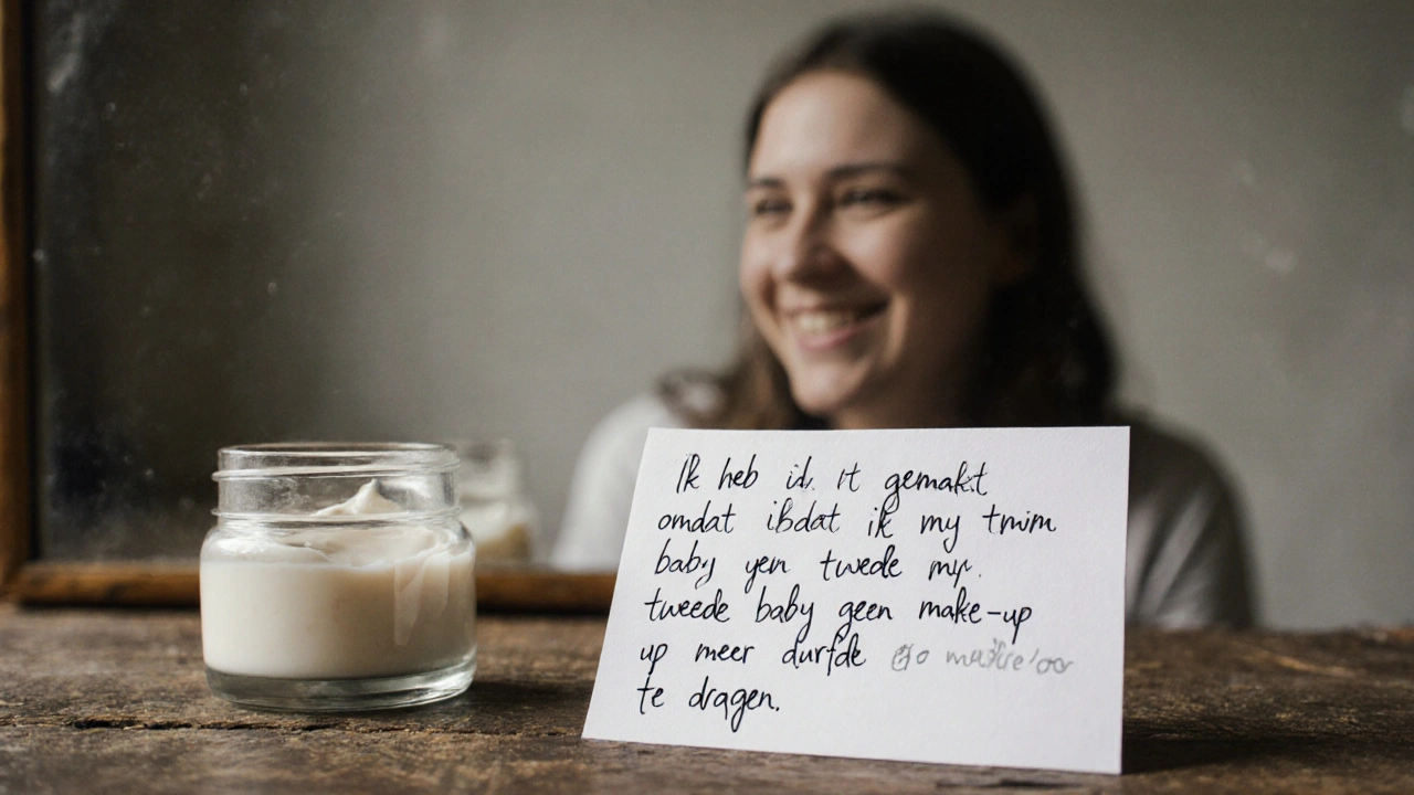 Een handgeschreven notitie met een emotioneel verhaal naast een eenvoudige huidcrème.