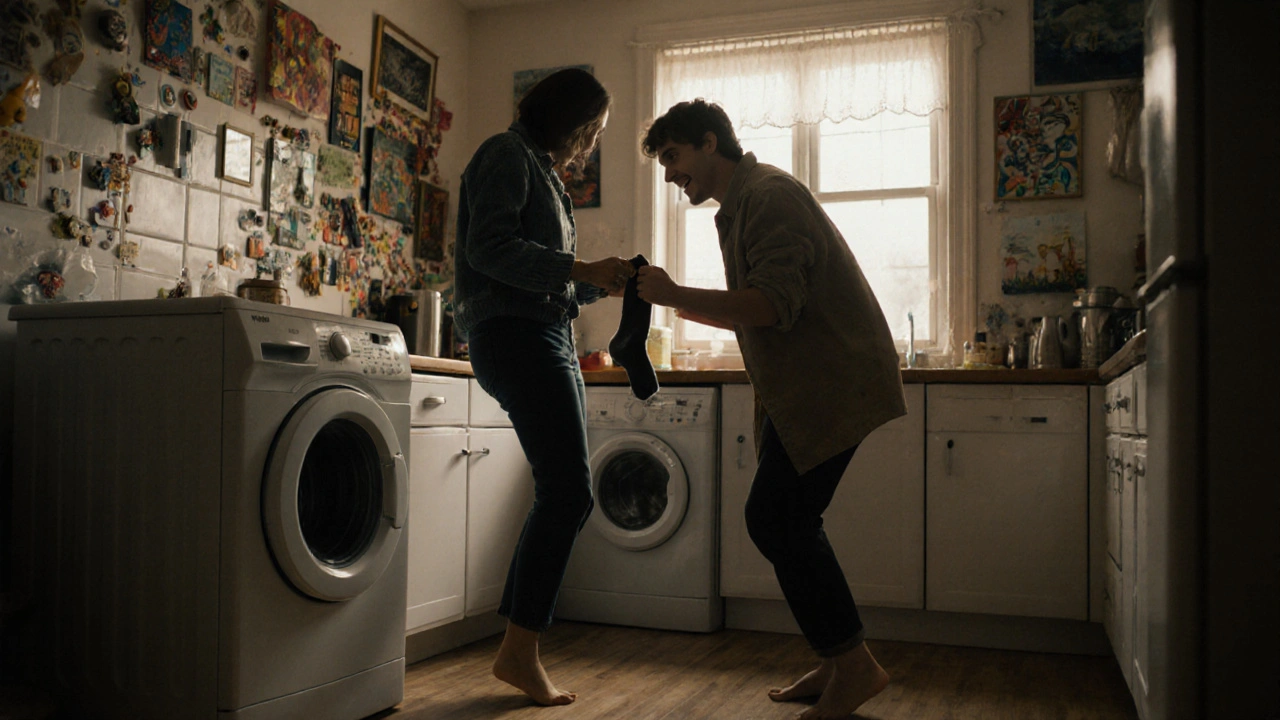 Een koppel danst lachend in de keuken terwijl de wasmachine rammelt.