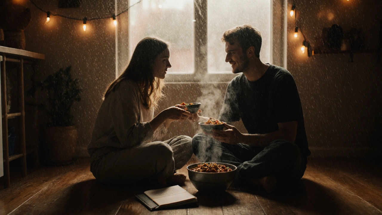 Een koppel op de vloer met een warme ragout, boeken en kruiden, onder snaarlampen bij regenachtig raam.