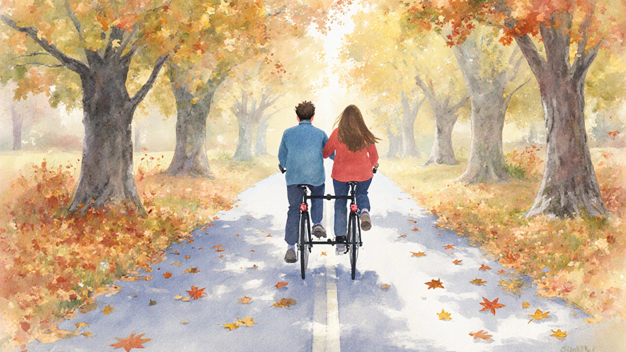 Een koppel rijdt samen op een tweezitsfiets, in harmonie, zonder dominante positie.