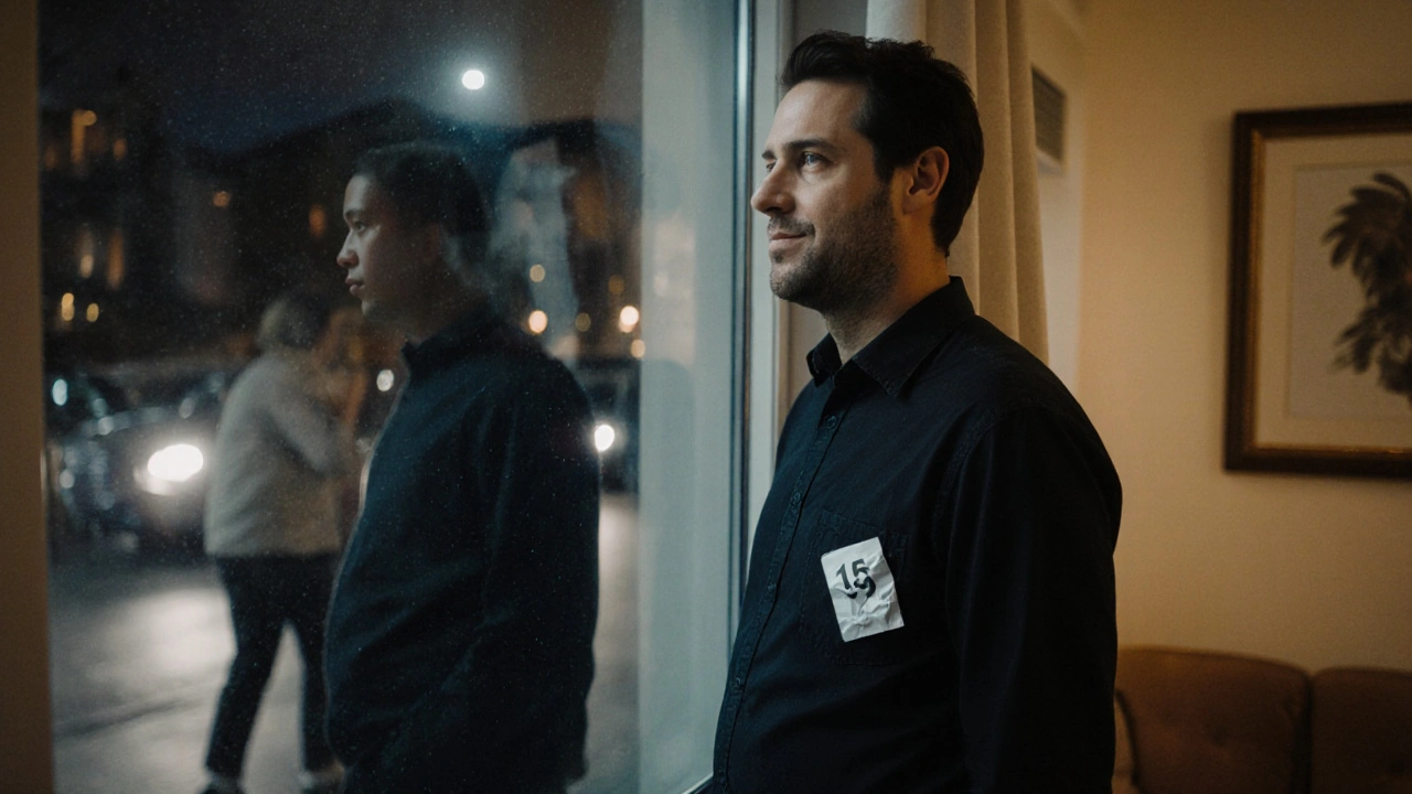 Een man die alleen staat bij een raam, glimlachend, terwijl anderen vertrekken — rust, geen spijt, alleen aanwezigheid.