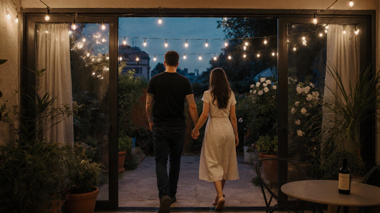 Een man en vrouw die samen naar buiten lopen, haar hand op zijn pols, in een rustige tuin onder stringlights.