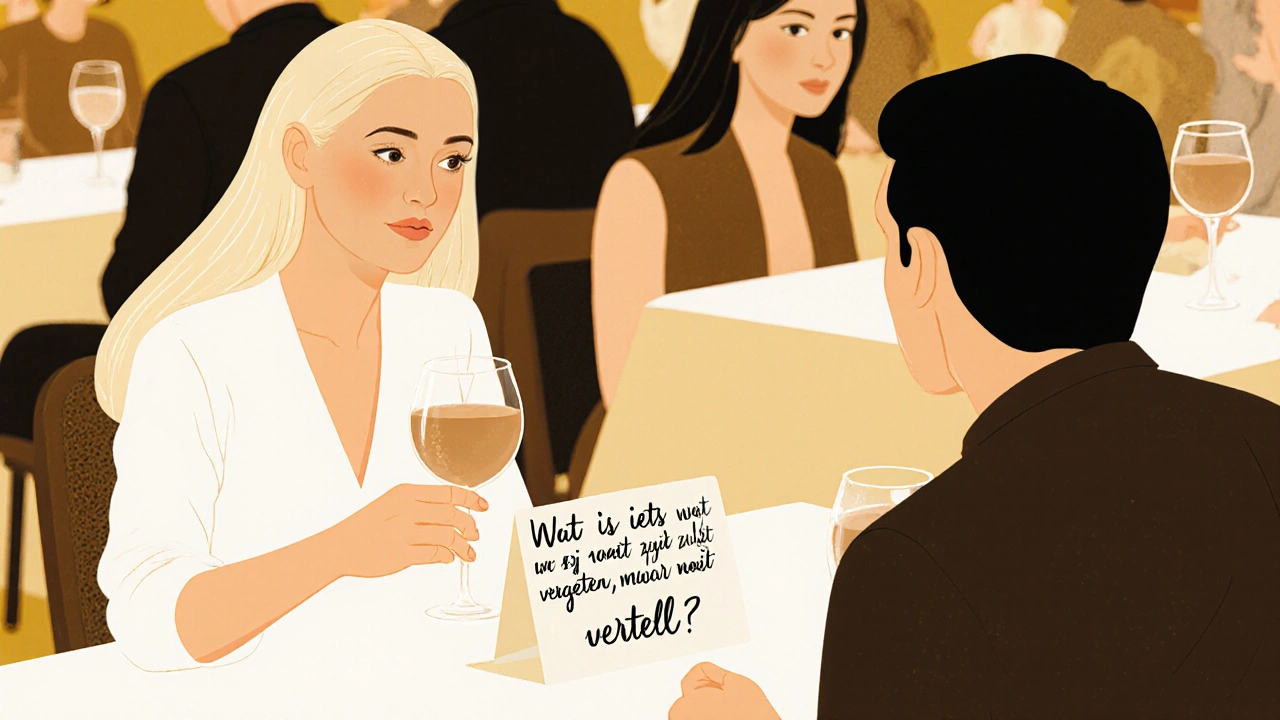 Een man en vrouw in een rustige singles event in Utrecht, kijken elkaar aan terwijl ze wijn drinken en een handwritten vraag lezen.