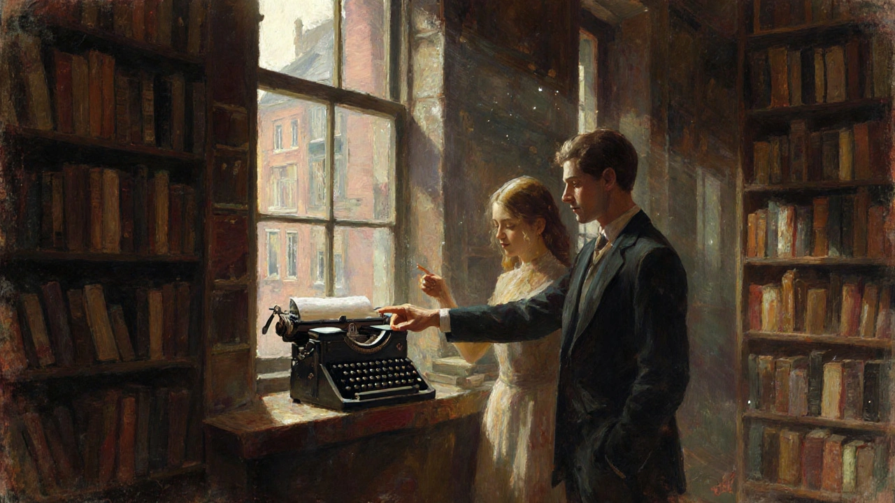 Een man en vrouw staan naast een oude typemachine in een boekwinkel, omringd door boeken.