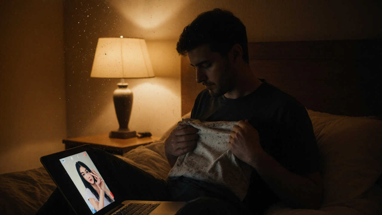 Een man houdt een shirt tegen zijn borst terwijl hij een videooproep bekijkt.