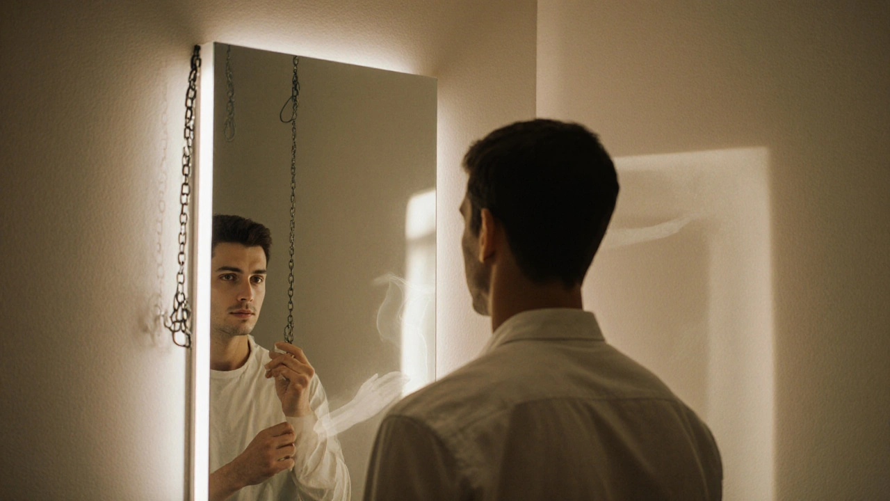 Een man kijkt in de spiegel, zonlicht valt op zijn gezicht, schemerachtige ketens vallen van zijn schouders.
