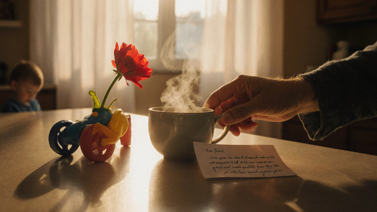 Een man legt een bloem en een briefje naast een kop koffie op de keukencounter.