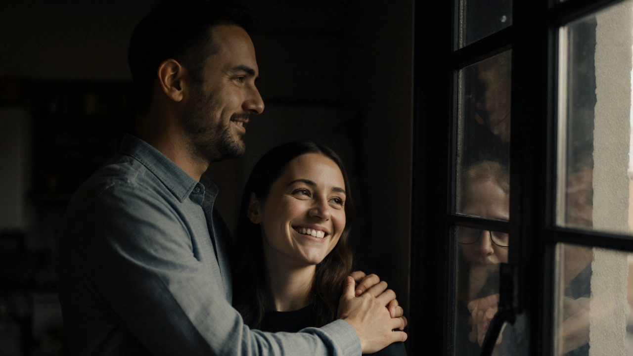 Een man legt zachtjes zijn arm om de taille van zijn vrouw in de keuken, hun reflectie in het raam.