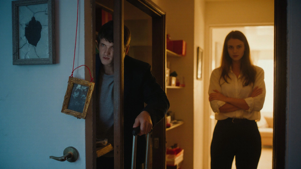 Een man loopt weg uit een half-opgepakte woning, een vrouw staat vaag achter hem in de gang.