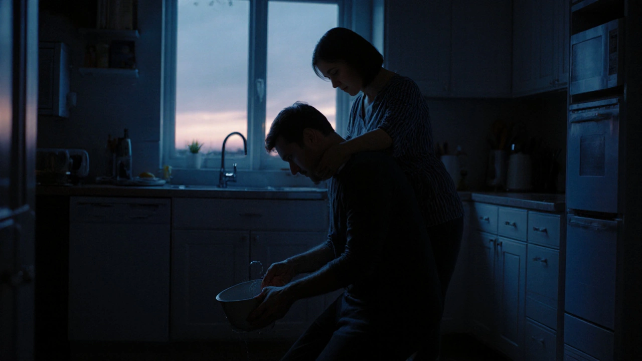 Een man wast af, zijn vrouw houdt hem van achteren vast, avondlicht door de keukenraam.