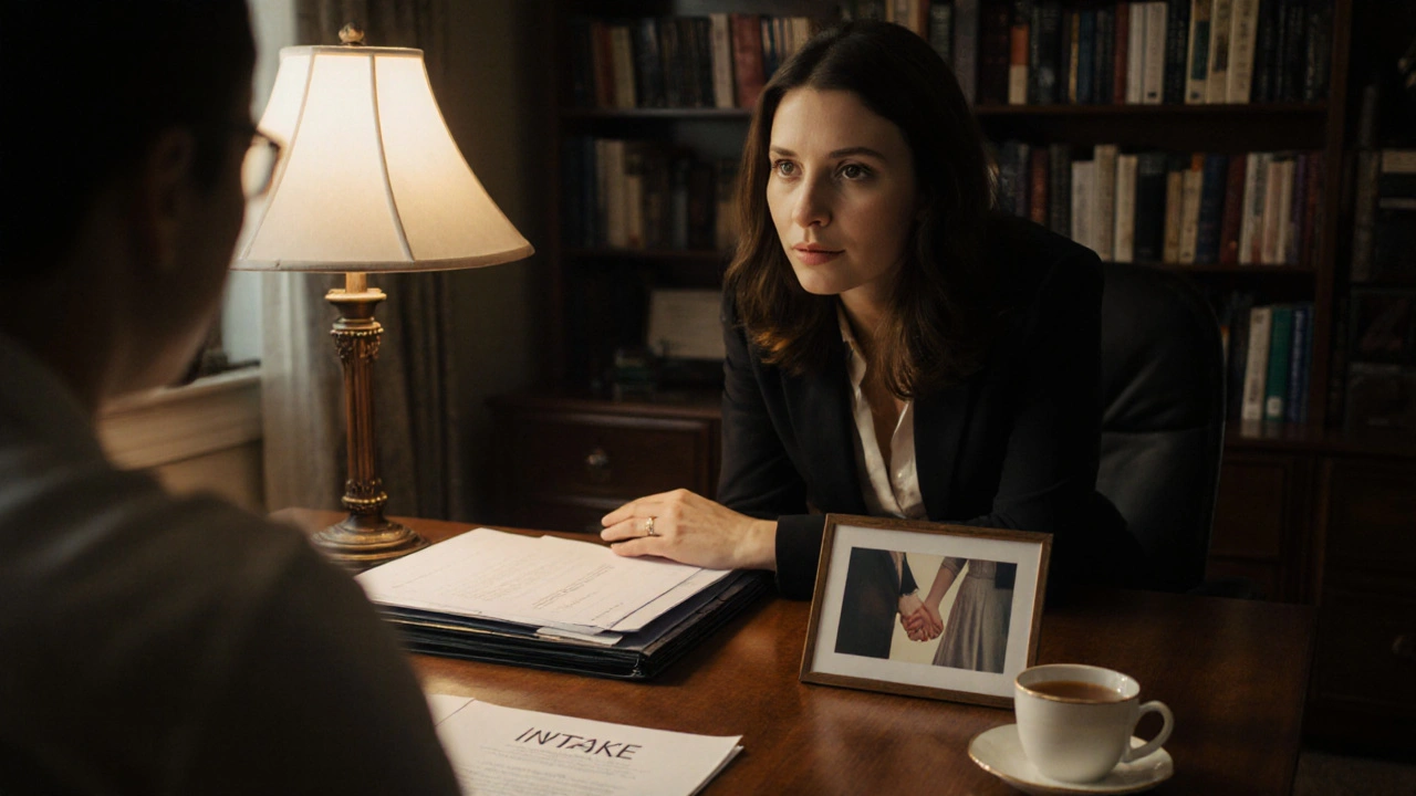 Een matchmaker luistert aandachtig naar een cliënt in een rustige kamer, met een dik intake-bestand en een kopje thee op de tafel.