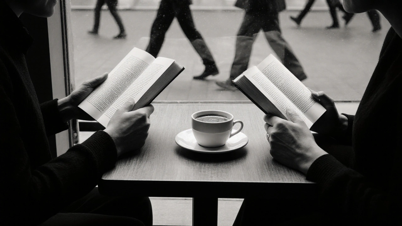 Een oud koppel zit stil naast elkaar in een café, elk met een boek, hun handen bijna in aanraking.