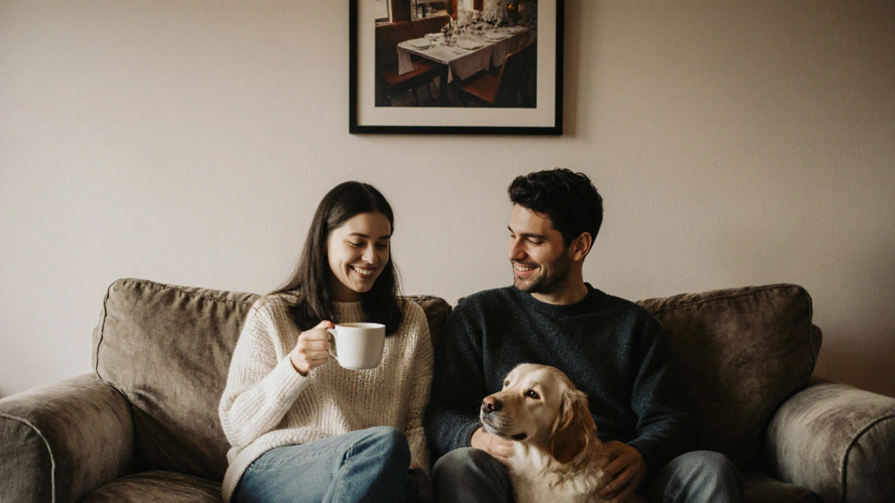 Een paar zit rustig op de bank, een hond tussen hen, een gevoel van vrede en verbondenheid in hun stilte.