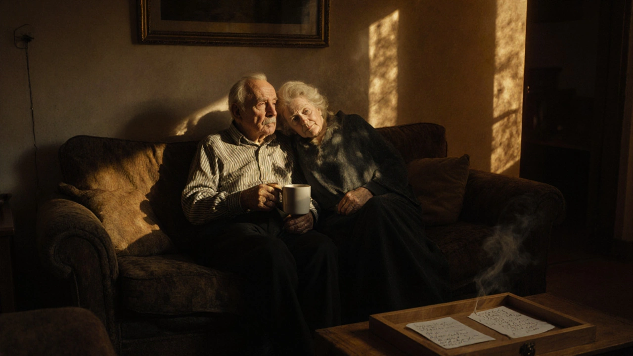 Een paar zit stil naast elkaar op een bank, de avondlicht valt op hun rustige aanwezigheid.