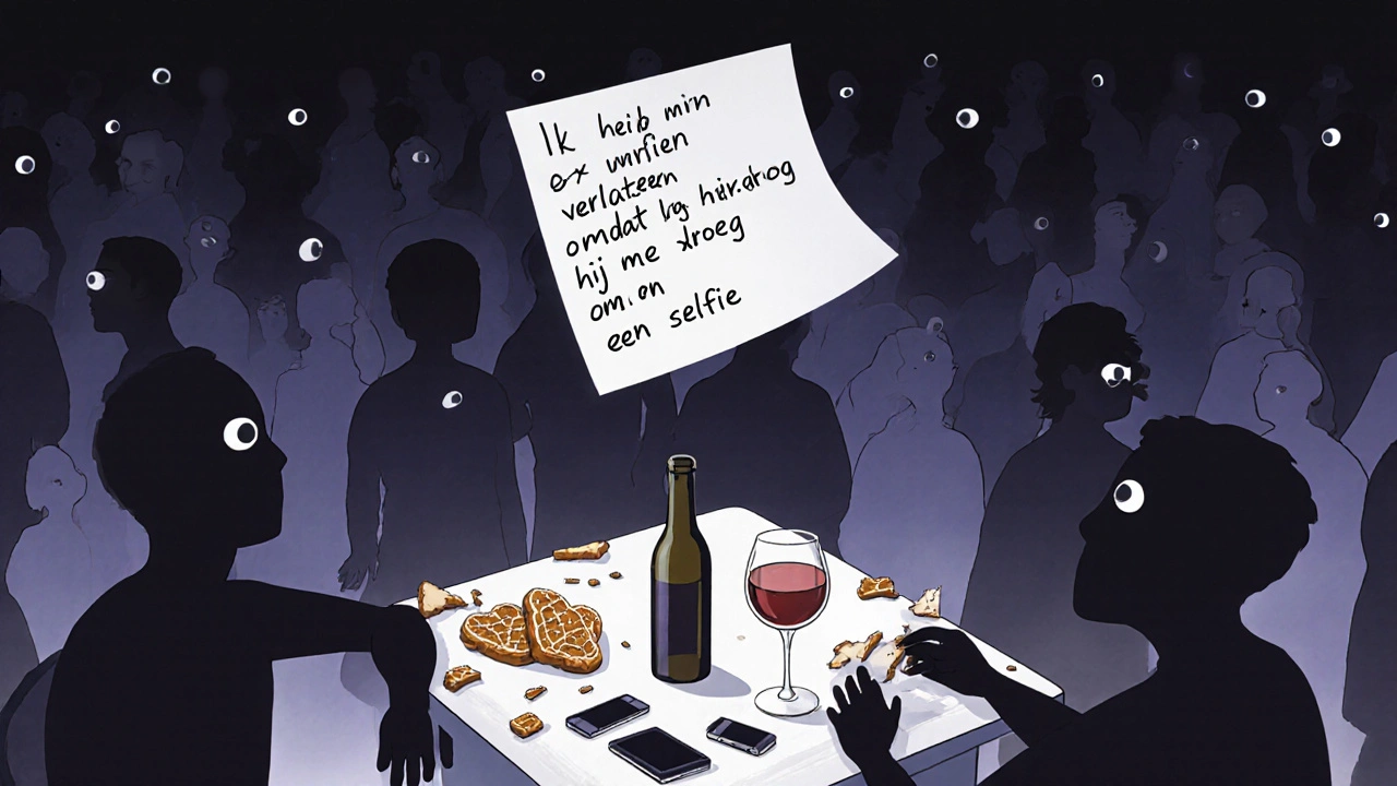 Een papieren brief drijft boven een kamer vol stilte, met twee mensen die stroopwafels eten, telefoons gebroken op de vloer.