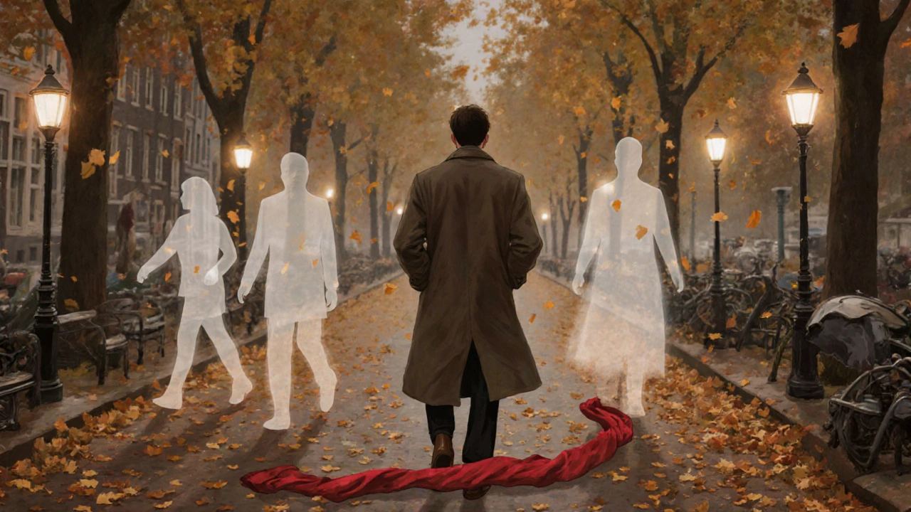 Een persoon loopt alleen door een herfstpark, met vage silhouetten die verdwijnen.