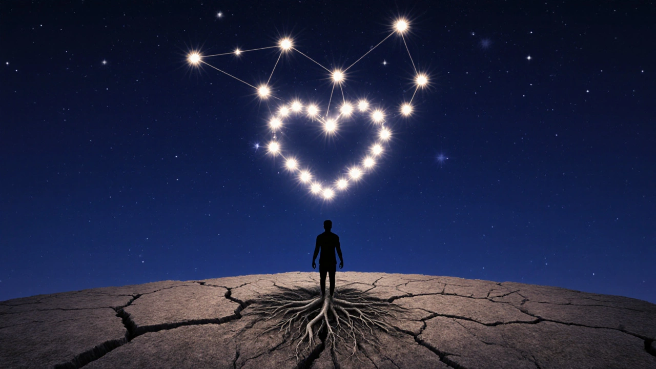 Een silhouet stijgt uit de aarde, omringd door lichtpunten die dagelijkse herstelmomenten vertegenwoordigen.