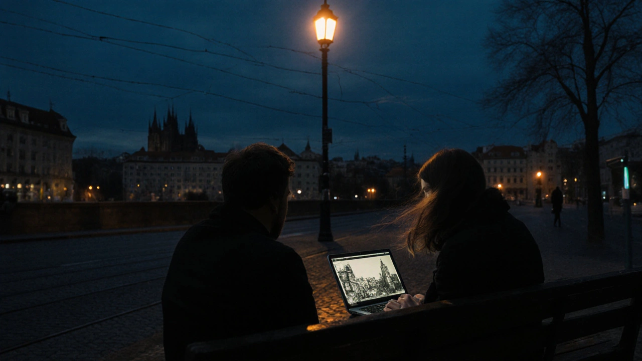 Een stille zitting op een oud tramstation, foto&#039;s op een laptop, avondlicht.