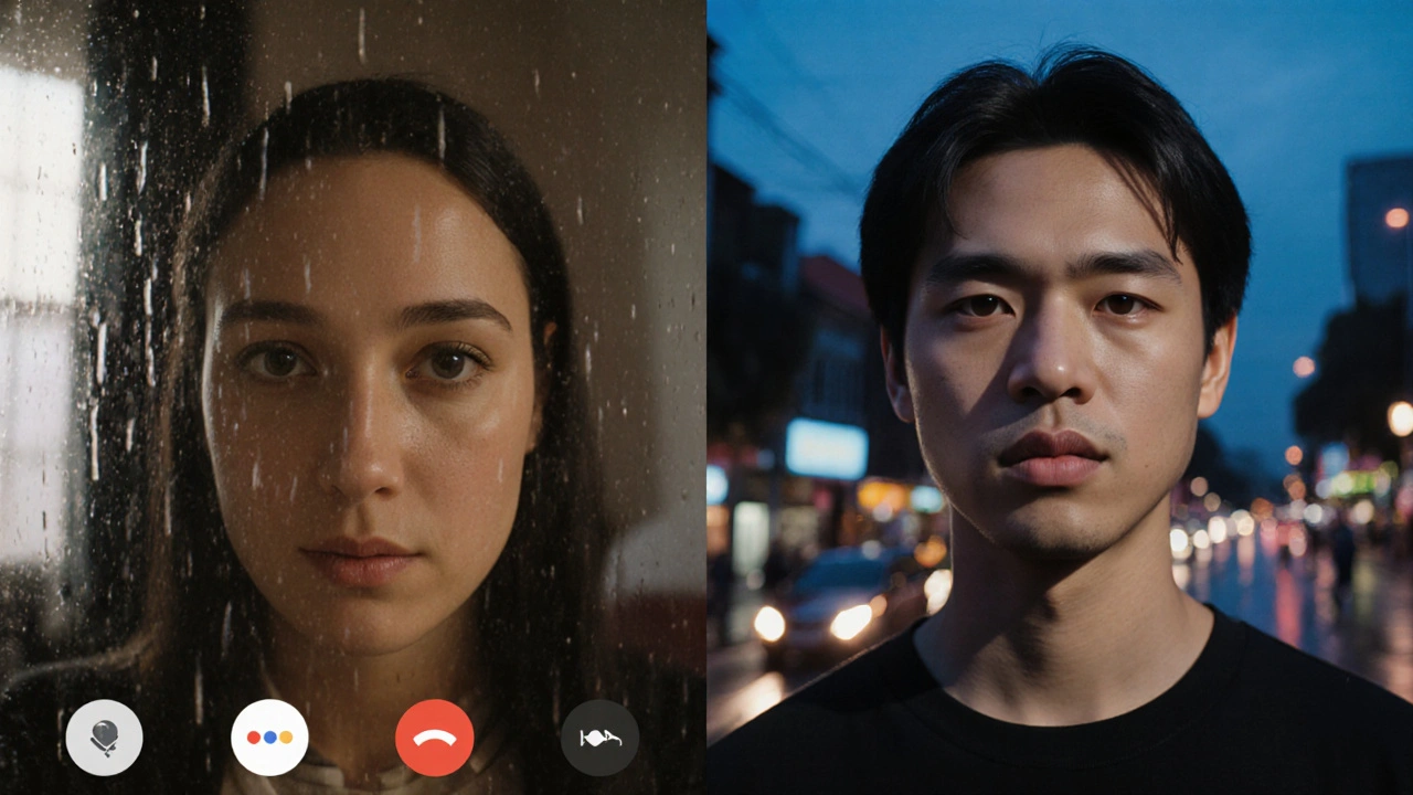 Een video-call tussen twee partners in Utrecht en Bangkok, met serieuze, verbonden blikken en geen digitale afleiding.