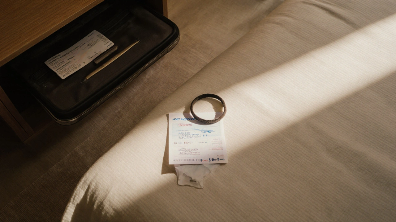 Een vliegticket en een haarband liggen op een nachtkastje in een zonovergoten hotelkamer.